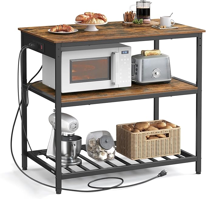 VASAGLE Kitchen Island with 3 Shelves, 39.4 Inches Width Kitchen Shelf with Power Strip, Large Worktop, Stable Steel Structure, Industrial, Easy to Assemble, Rustic Brown and Black UKKI105K01