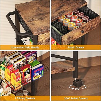 Kitchen Organizer and Storage Cart with Fabric Drawer and Convenient Handle, Snack Organizer Cart with 2 Pull-Out Baskets and 2 Storage Shelves, Rolling Kitchen Cart for Fruit Potato Onion Vegetable