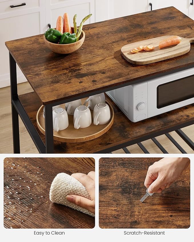 VASAGLE Kitchen Island with 3 Shelves, 39.4 Inches Width Kitchen Shelf with Large Worktop, Stable Steel Structure, Industrial, Easy to Assemble, Rustic Brown and Black UKKI005B01