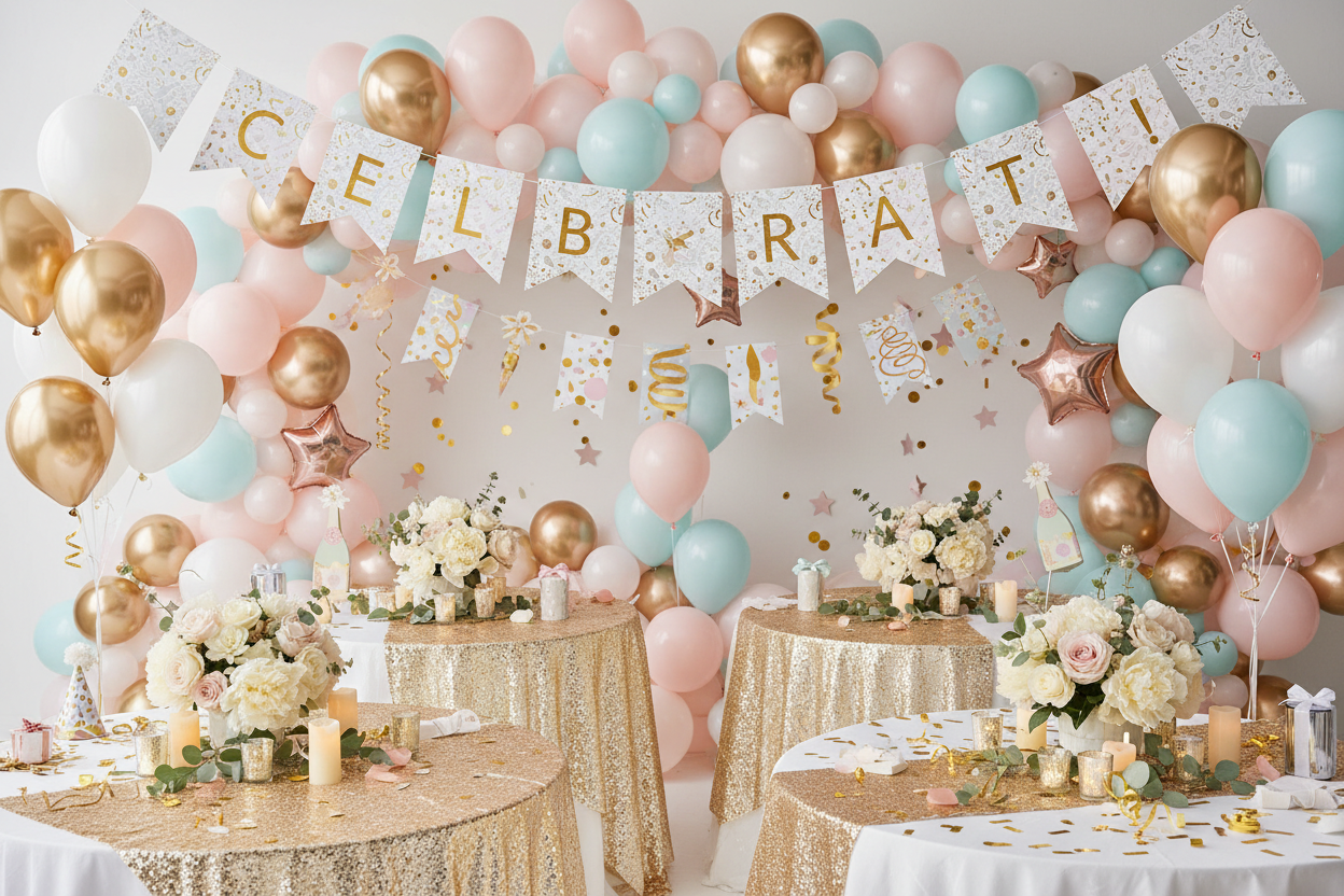 Decorations: Balloons, banners, table centerpieces, and themed décor for any occasion. (make it real photo)