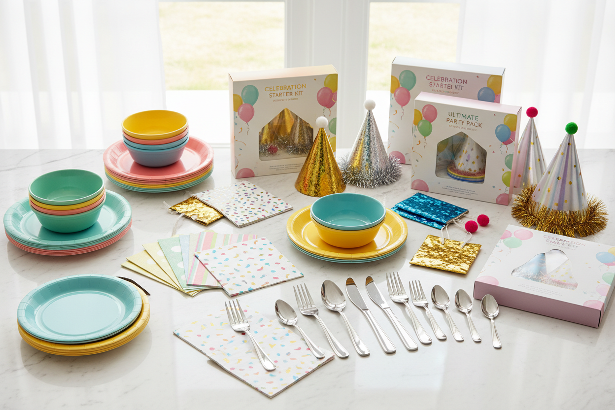 Party Essentials: Tableware, napkins, cutlery, party favors, and kits for stress-free planning. (make it real photo)